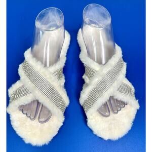 White Furry Fluffy Rhinestone Shiny Flat Slippers